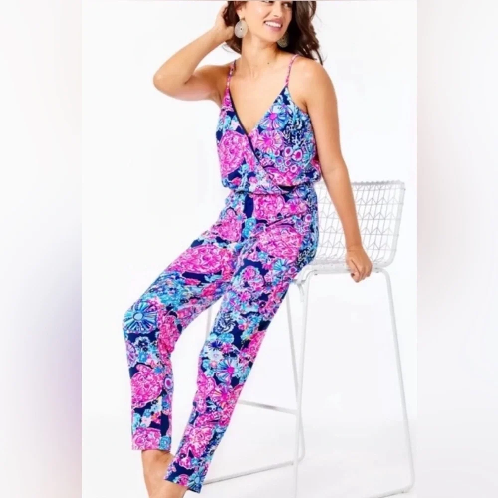 NWT Lilly Pulitzer Dante Jumpsuit High Tide Navy Pink In Turtle Amazement Size M - Picture 2 of 11